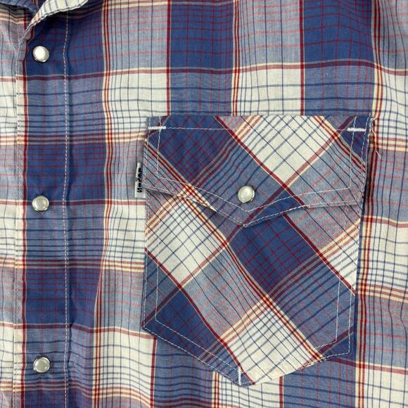Levis Short Sleeve Pearl Snap Shirt XL Blue Plaid Western Cowboy - Picture 2 of 10